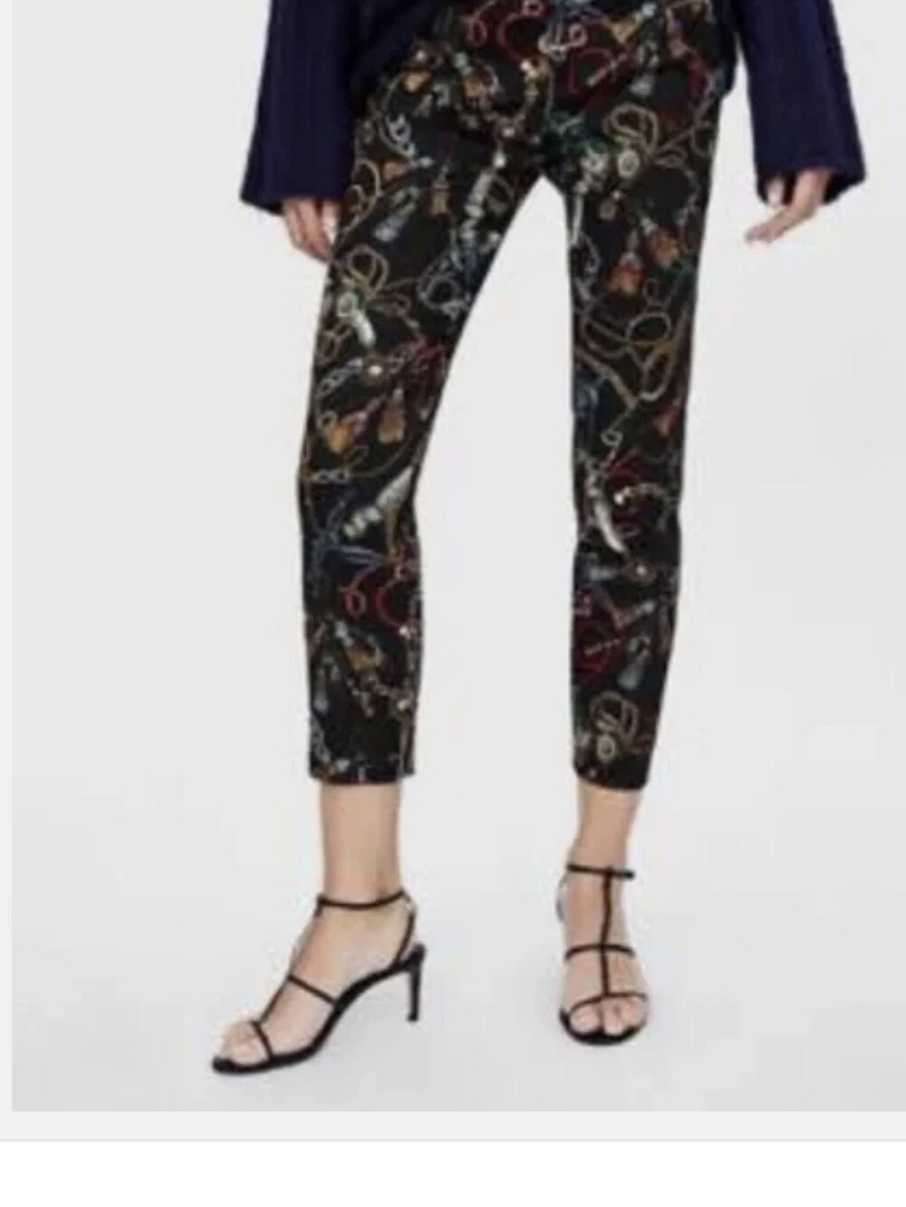 Zara Basic Black Leggings with Gold & Multicolor Chain Print Size Xs